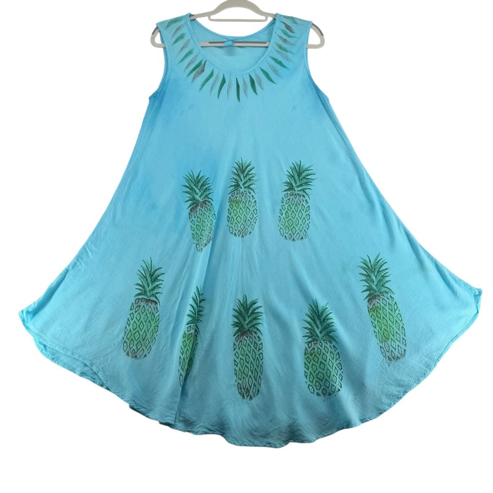 India Boutique Pineapple Print Sleeveless Gauze Dress Womens Free Size Blue